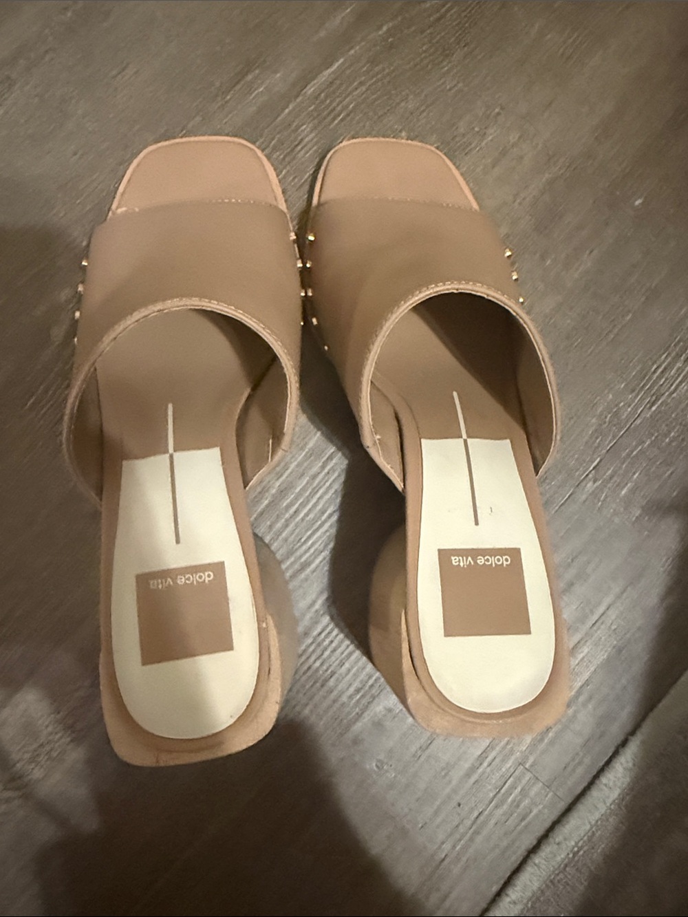 Dolce Vita Beige Slide Sandals with Stud Accents